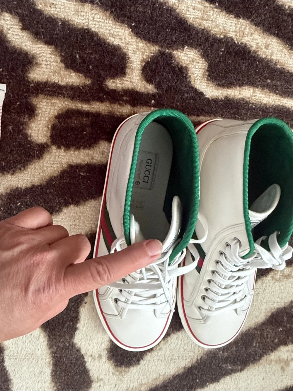 Gucci White High-Top Tennis Sneaker with Green Lining and Red Trim